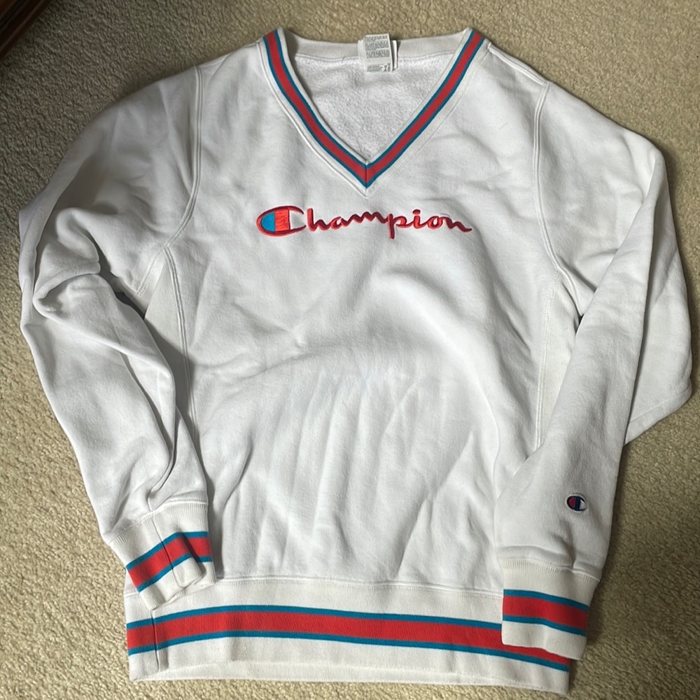 Champion white V neck sweatshirt
